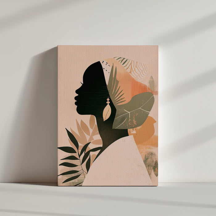 tableau déco boho chic, art Boho, illustrations femme africaine, couleurs douces, formes organiques, sur une texture de papier,