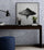 Modern home office with blue floral sumi-e ink painting wall art