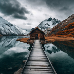 Photographie d’un chalet en bois isolé, au bord d’un lac paisible, entouré de montagnes enneigées. Le ponton en bois guide le regard vers la cabane, créant une atmosphère cosy et immersive. Parfait pour une décoration murale nature et apaisante.
