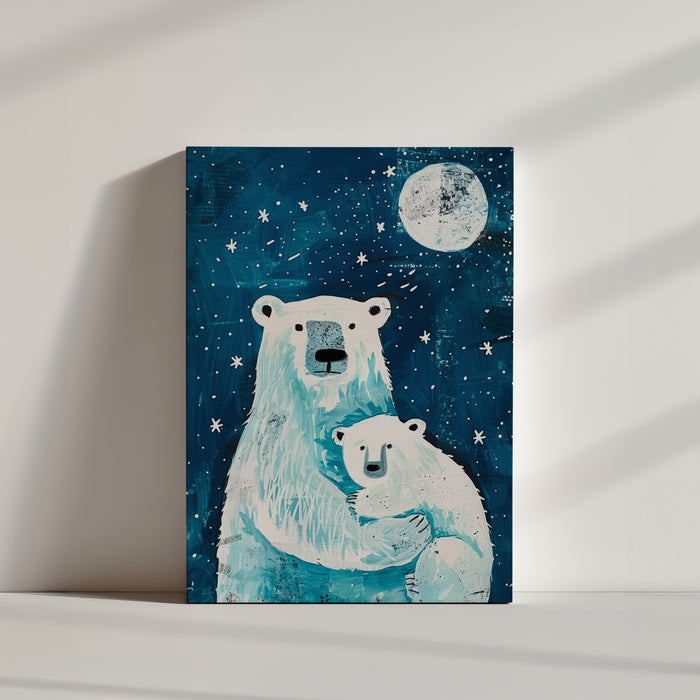 Painting of two polar bears under a starry night sky and moon