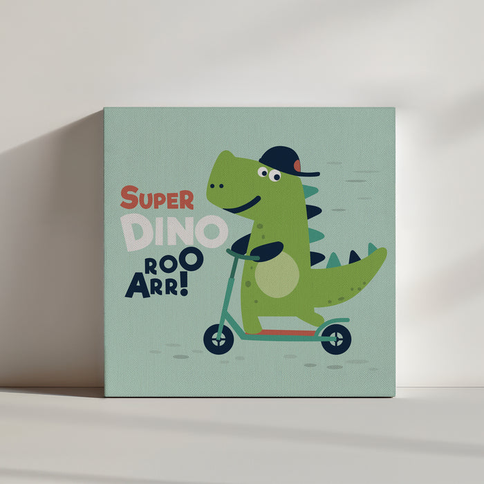 Scooter-riding dinosaur illustration poster for children's bedroom
