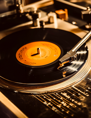 Retro music art print featuring a vinyl record on a turntable