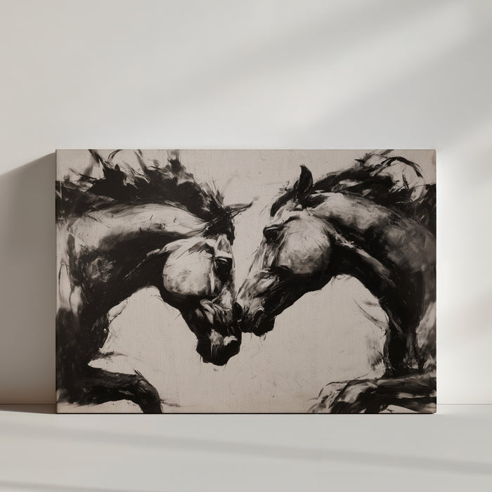 Black and white expressionist painting of two horses facing off, powerful and emotional
