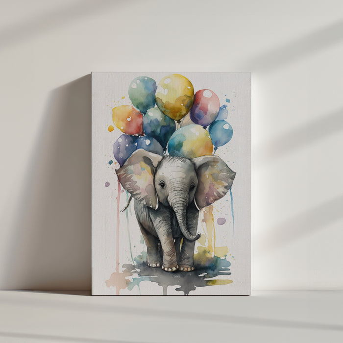 Wandbild Elefant Babyzimmer mit bunten Luftballons, Aquarellmalerei
