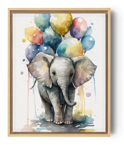 tableau elephant chambre bebe avec ballons en couleur, peinture aquarelle