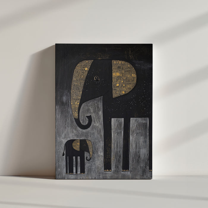llustration artistique de deux éléphants noirs avec détails dorés sur fond texturé gris et noir.