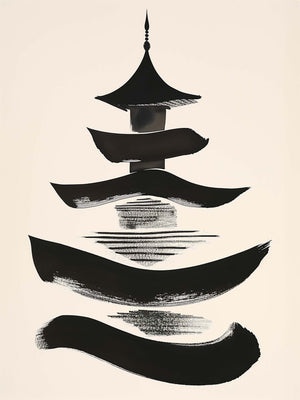 Highly stylized representation of a Japanese pagoda - sumi-e art