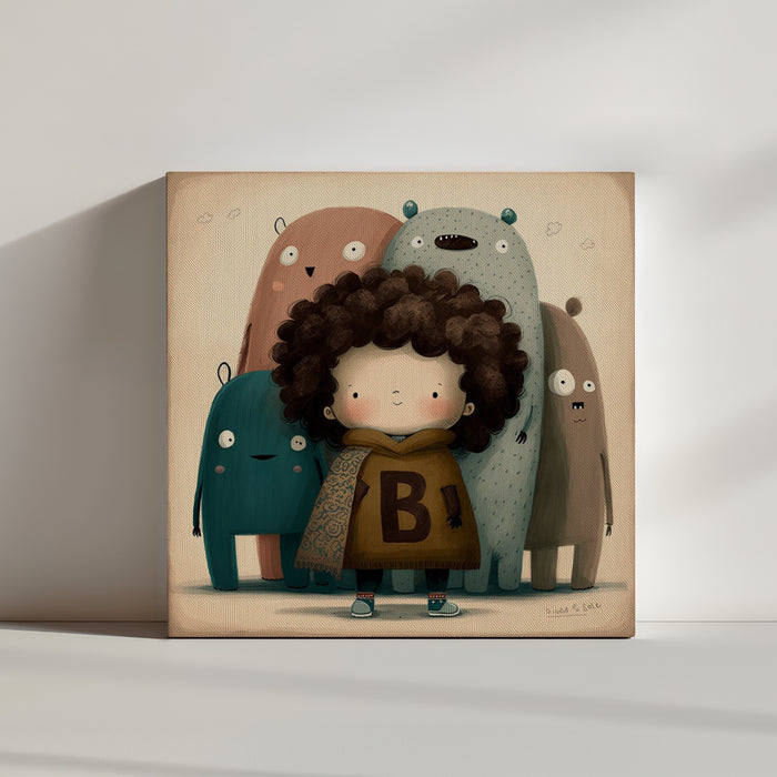 Kids room wall art print of a child with smiling monsters