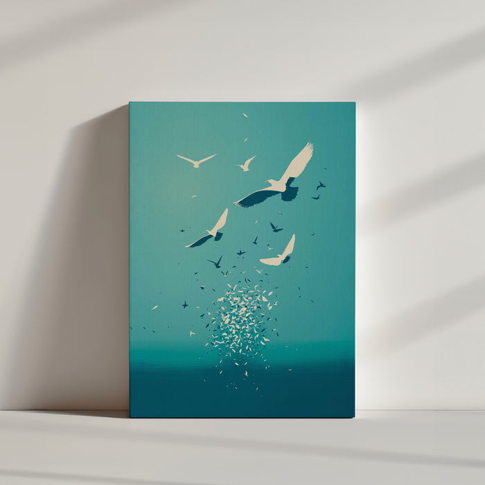 lustration graphique d’une envolée d’oiseaux blancs et sombres se dispersant au-dessus d’un bleu profond, formant une nuée qui s’élève en spirale vers le ciel clair. L’arrière-plan est épuré, renforçant la sensation de liberté et de légèreté.