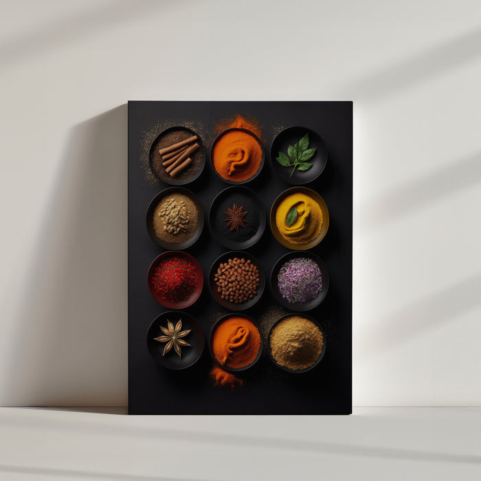 10 different spices in black bowls, overhead flat lay on a pure black background, hyper-realistic photo