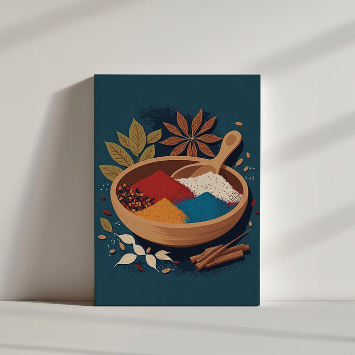 Modern flat vector poster of a bowl of Indian spices, 2D illustration in light beige and blue for kitchen decor