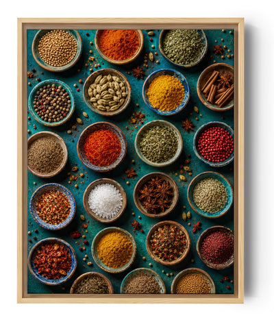 Un tableau cuisine qui représente une photo. Sur la photo une table bleu turquoise avec des petits bols remplis d'épices culinaires, Des épices jaunes, rouges du sel, de l'anis étoilé et des autres herbes dispose en colonne.