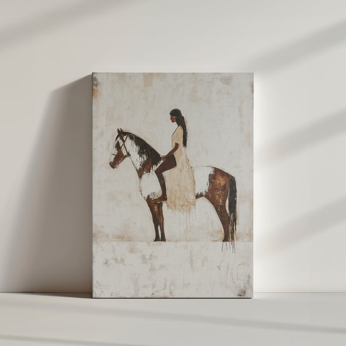 Minimalist horse wall art featuring a woman rider, earthy beige tones, contemporary decor