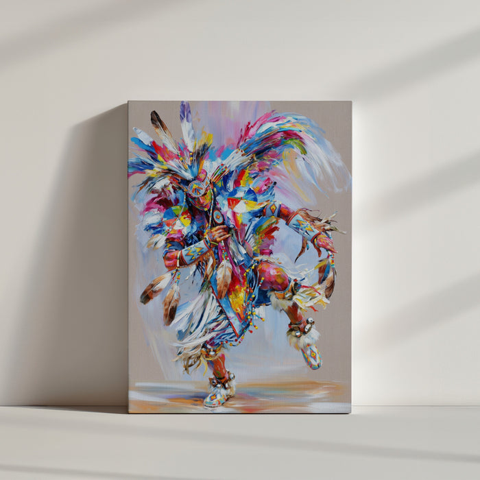 Tableau ethnique danseur amérindien plumes multicolores posé au sol ambiance minimaliste épurée