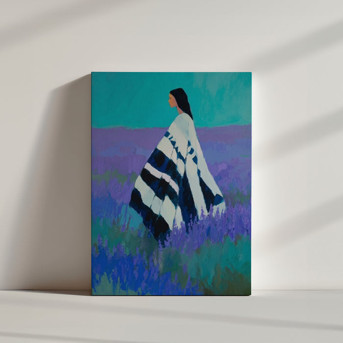 Ethno-Wandbild mit Frau im blau-weißen Poncho – minimalistische, klare Deko