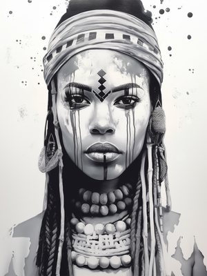Hyperrealistic portrait of an indigenous African woman on an abstract white background