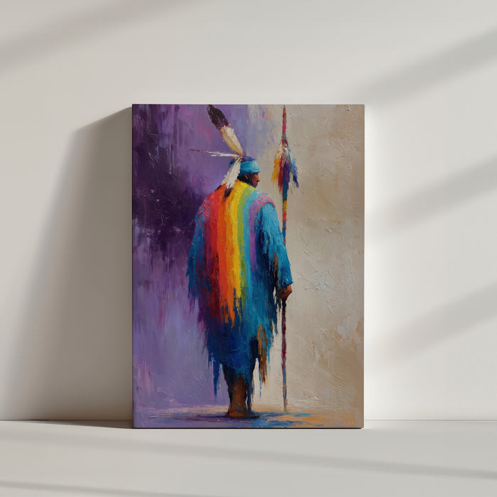 Tableau ethnique guerrier amérindien cape multicolore arc-en-ciel style impressionniste ambiance minimaliste épurée