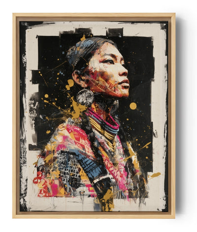 African woman wall art with tribal adornments, mixed-media collage in gold, fuchsia, and blue