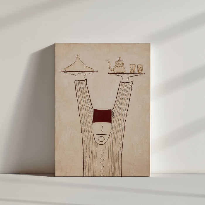 Tableau ethnique serveur marocain théière et plats décoration murale minimaliste tons beiges