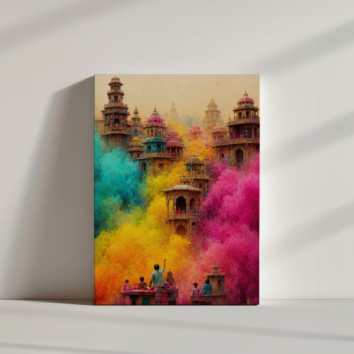 Tableau ethnique temples indiens Holi poudres colorées toile texturée ambiance minimaliste mur blanc