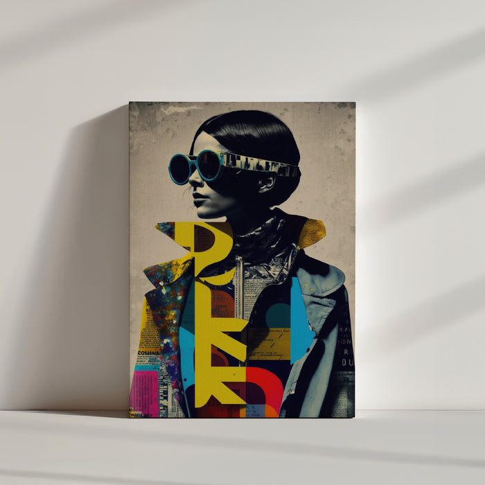 Psychedelic fashion wall art, groovepunk collage with sunglasses, colorful typographic fashion photography