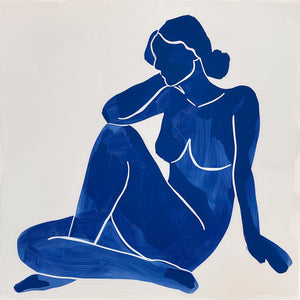 abstract woman canvas, seated, paint effect, dark blue color.