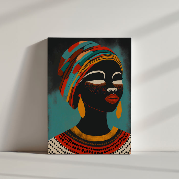 African woman canvas art, warm tones, vector style, ethnic pattern design