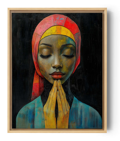 Portrait of a woman with eyes closed, hands together, in a red and yellow headscarf; painterly textured style with a dark background for a calming, captivating effect