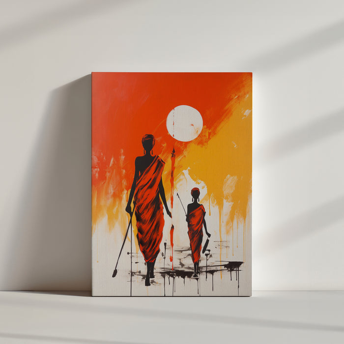 Vibrant African mother and child under bright sun; black silhouettes with red fabrics on a red‑orange‑yellow gradient—warm African wall art