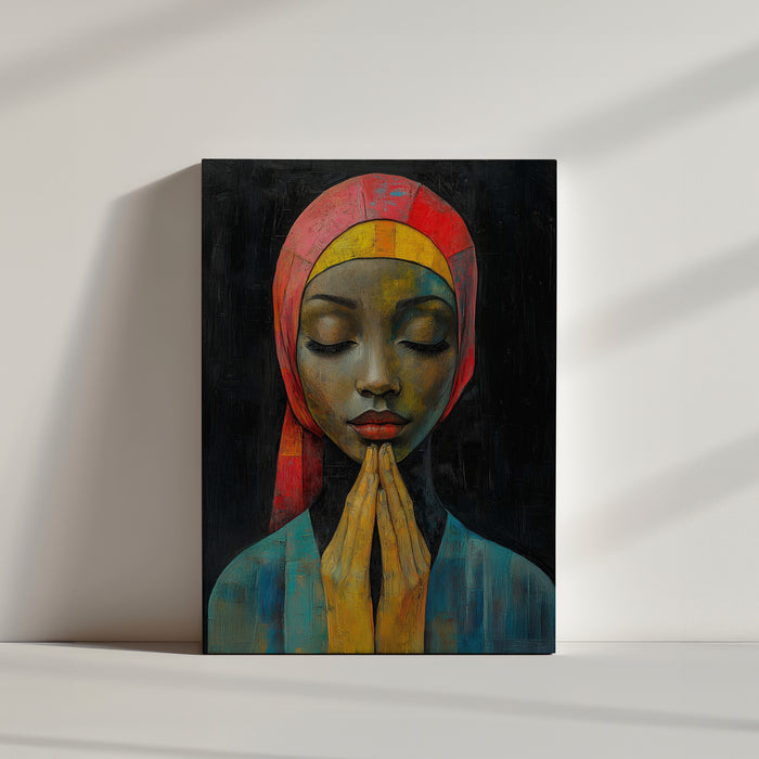 Portrait d'une femme les yeux fermés, mains jointes, avec un foulard rouge et jaune. Le style pictural accentue les textures. Le fond sombre met en lumière les teintes du visage et du foulard, créant un effet apaisant et captivant.