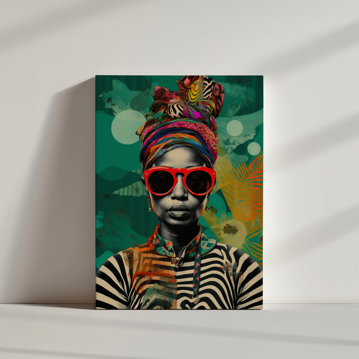 Pop art portrait of an African woman with a colorful headwrap and red shades, strong style statement