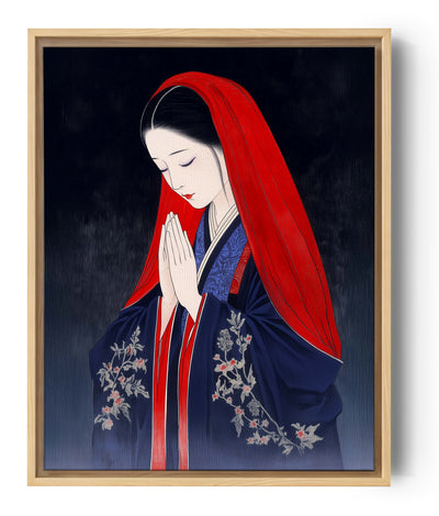 Illustration of a Japanese woman in a traditional kimono with a red veil, hands together in prayer, serene expression; floral details and a dark background enhance the peaceful mood