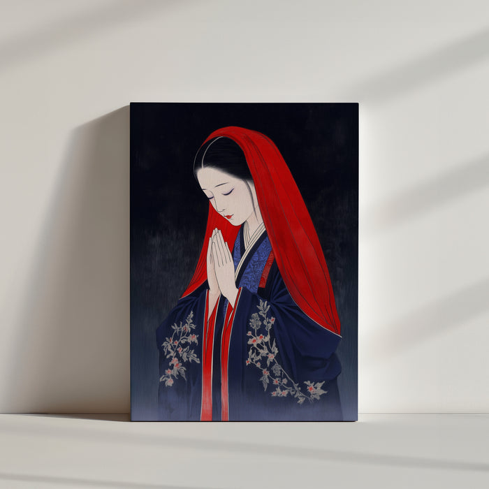 Japanese woman in a traditional kimono with a red veil, hands clasped, serene expression; floral accents and a dark backdrop create a calm, peaceful presence