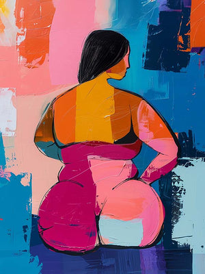 Colorful painting of a curvy woman from behind, featuring vibrant color blocks: yellow, pink, blue, and orange. The background is abstract with blue, pink, and violet.