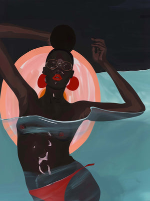 Stylized painting of a Black woman partially submerged in water, wearing red glasses and earrings, with a circular backdrop reminiscent of a sunset.