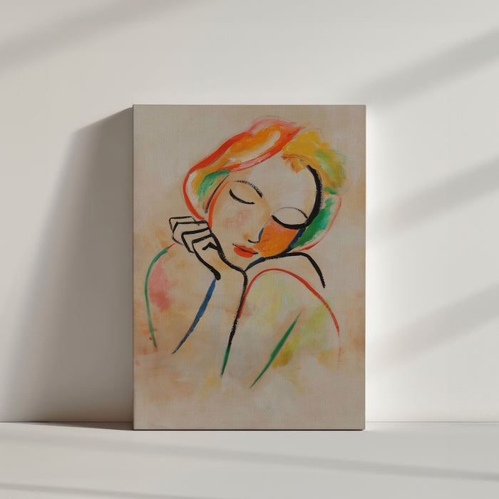 Une peinture d'une femme aux cheveux colorés et aux traits doux est réalisée avec des couleurs pastel et des lignes noires simples, montrant une expression paisible avec les yeux fermés.