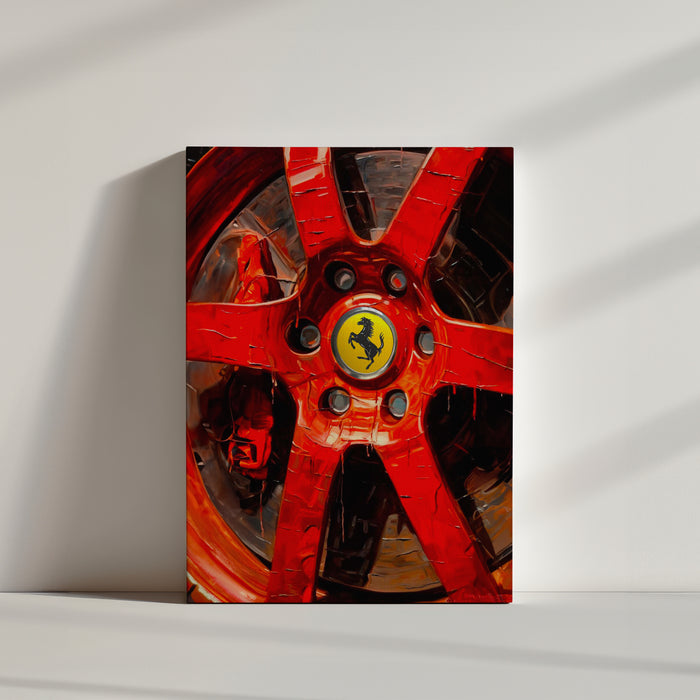 Detailed red Ferrari rim art print capturing speed and luxury