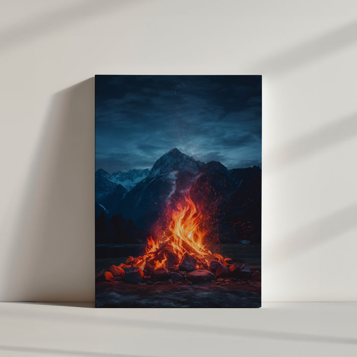 Close-up campfire canvas print with a majestic Swiss Alps mountain backdrop