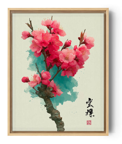 Bright pink peach blossom wall art in Asian watercolor style