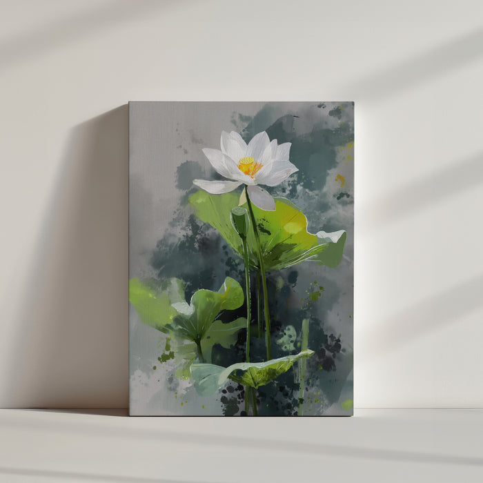 Tableau de fleur de lotus blanche sur fond aquarelle vert et gris, style naturaliste apaisant