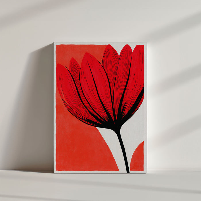 Textured red flower canvas print on coral background, minimalist styling