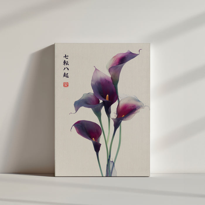 Tableau de fleurs de calla en nuances de pourpre, style asiatique, apportant une touche élégante et sereine