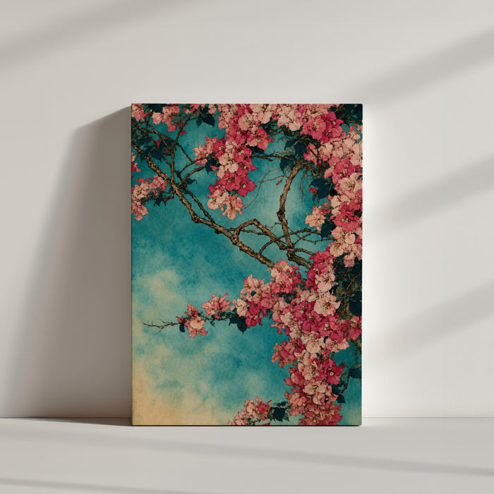 Tableau fleurs cerisier roses fuchsia fond turquoise style japonisant ambiance minimaliste épurée