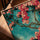 Tableau fleurs cerisier roses fuchsia fond turquoise style japonais déco salon avec cadre chêne doré