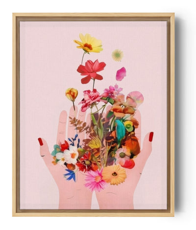 Illustration florale colorée s'élevant de mains ouvertes sur fond rose pour une déco poétique et onirique