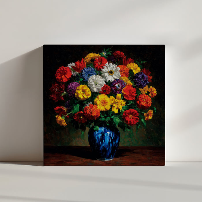 Tableau fleurs multicolores vase bleu cobalt zinnias marguerites décoration murale salon moderne