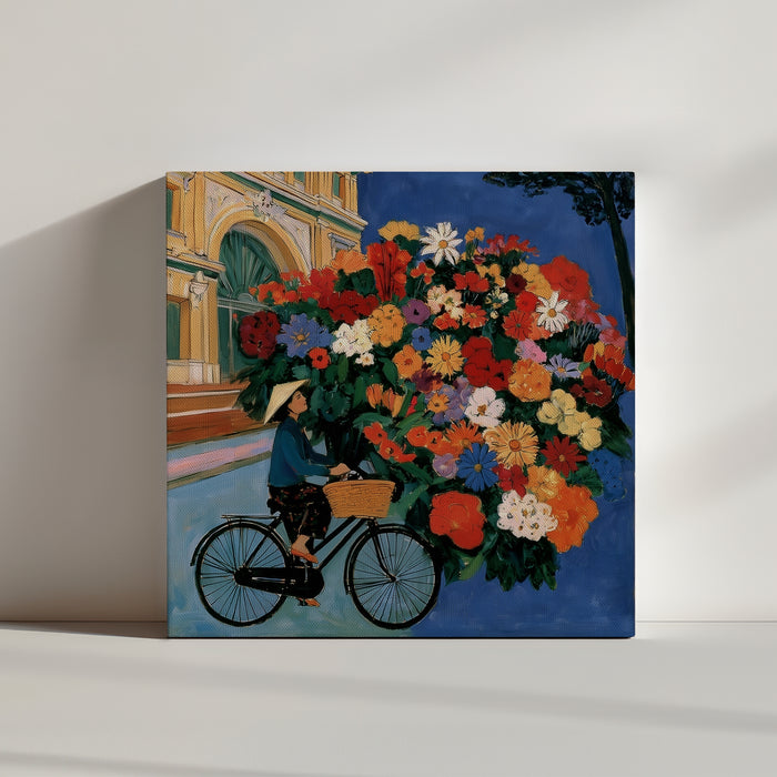 Product view: whimsical bicycle-and-flowers canvas leaning on wall, modern wall decor