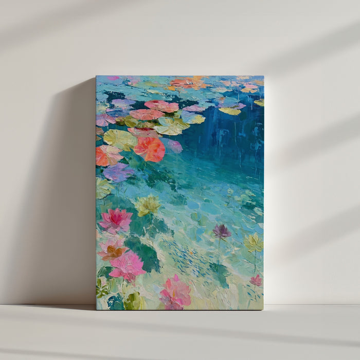 Tableau fleurs nénuphars colorés eau turquoise peinture couteau impressionniste ambiance zen minimaliste
