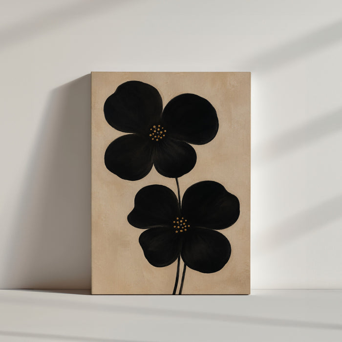 Tableau fleurs noires minimaliste sur fond beige, décoration murale épurée ambiance zen lumineuse