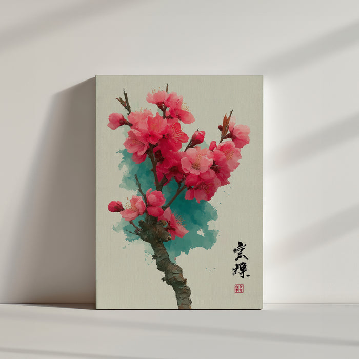 Tableau mural de fleurs de pêcher rose vif dans un style aquarelle asiatique
